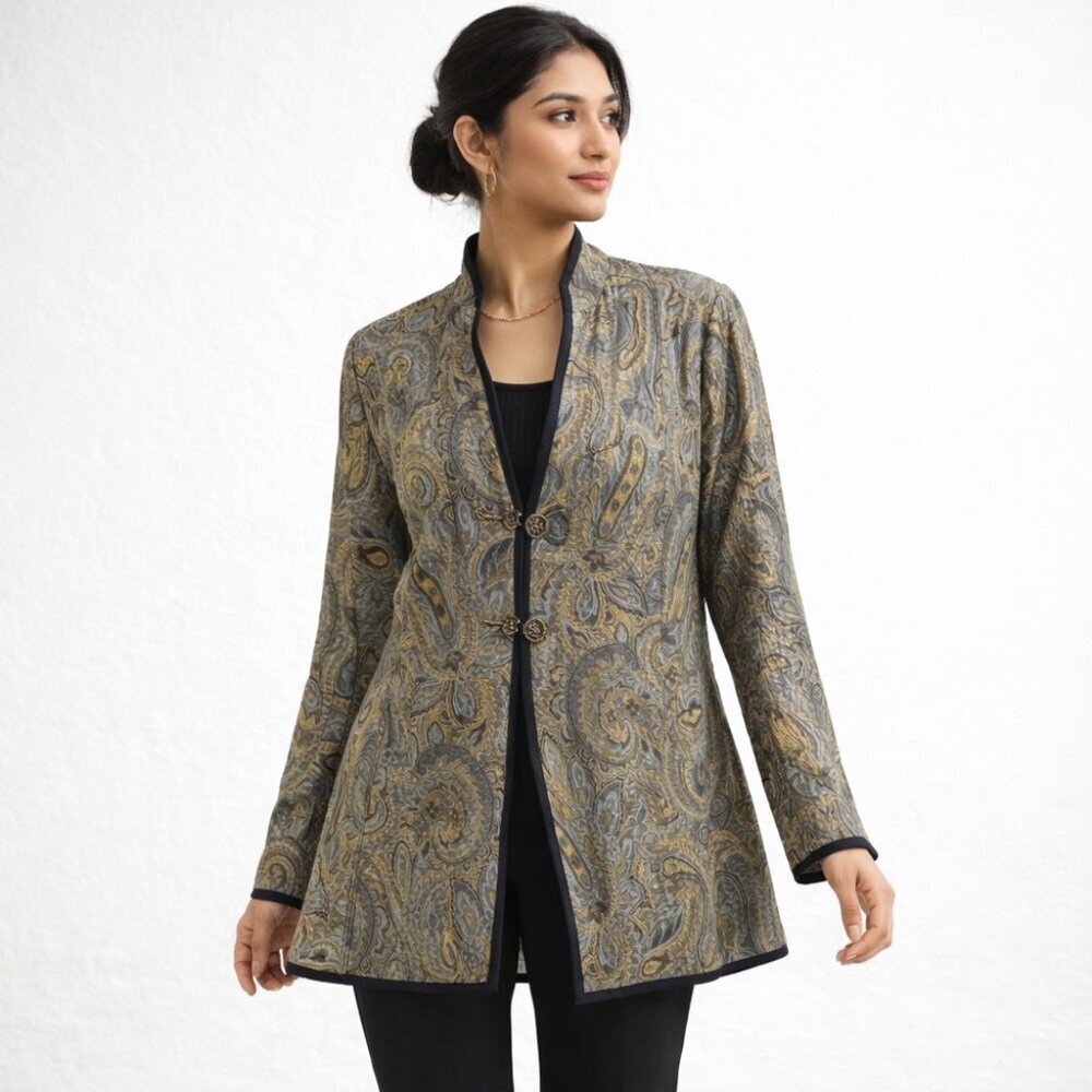 Trimdin Artisan Paisley Reversible Jacket Gray Gold Size XL Made in USA Boho